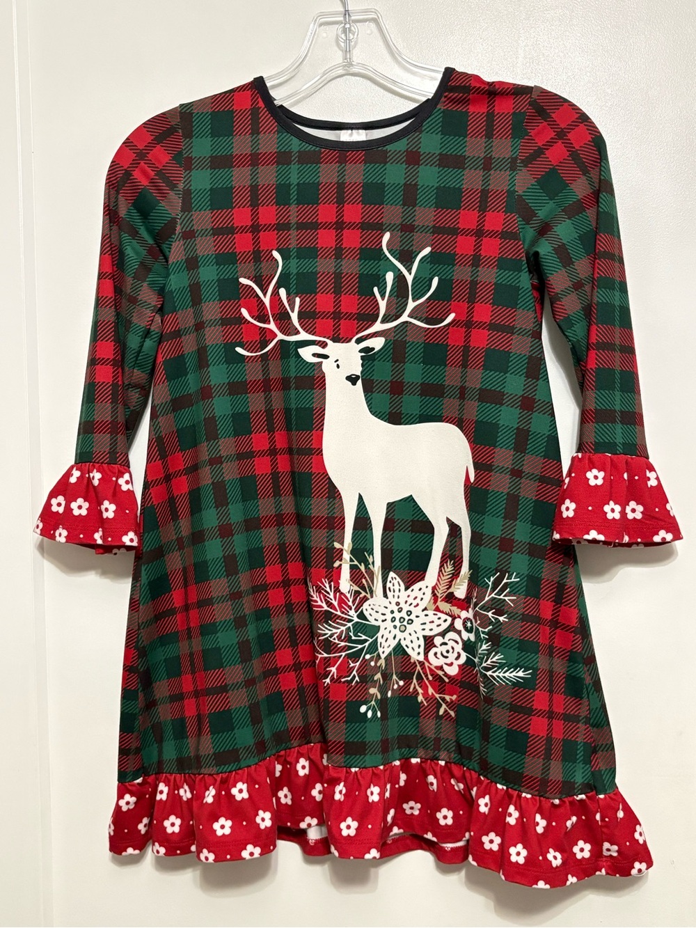 Penelope Plumm Christmas Dress Girls 8 Red Green Plaid Reindeer Ruffle Holiday